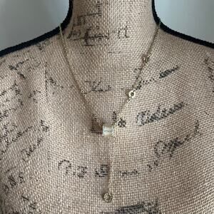 Gold Tone Necklace Cream Enamel Barrel Pendant Rhinestone Statement